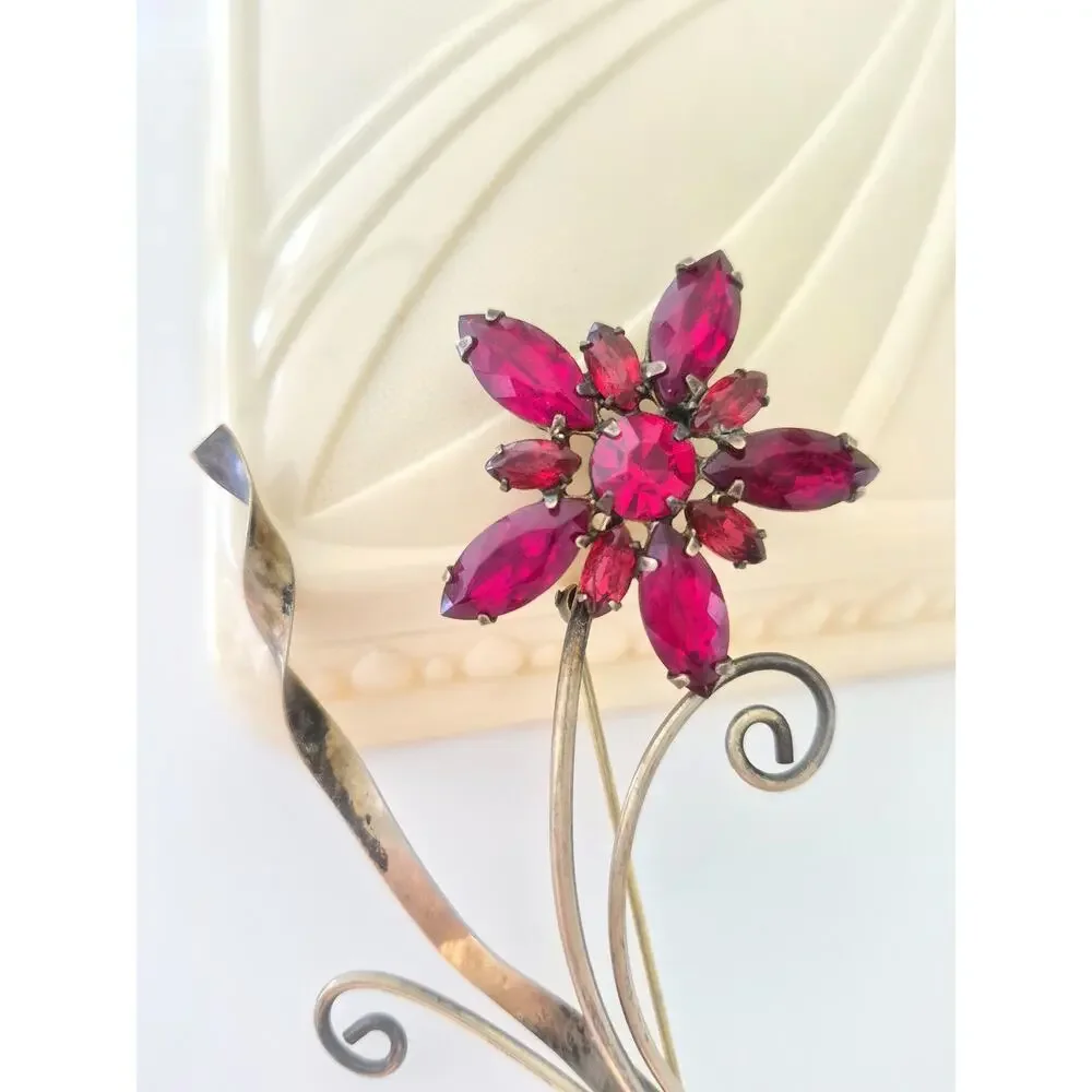Vintage Coro Red Faceted Crystals Sterling Silver Gold Vermeil Flower Brooch